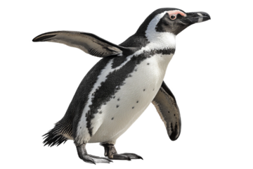A magellanic penguin with wings outstretched standing against a black background in a studio shot created with generated ai