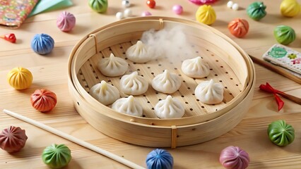 Steaming Dumplings in Bamboo Steamer Basket tray