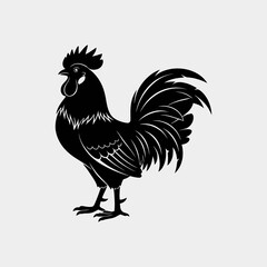 A striking black silhouette of a rooster with detailed feathers and a prominent comb, standing proudly against a light gray background.