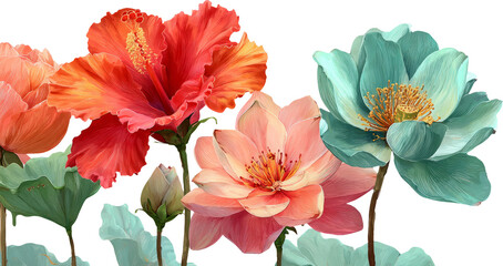 Fototapeta premium Vibrant Floral Arrangement Featuring Hibiscus and Lotus Flowers on Transparent Background