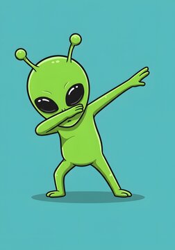 Cute Green Alien Doing the Dab Dance Pose, Cartoon Style