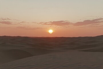 Obraz premium Desert sunset panorama. Sunrise-like warm hues across a vast expanse of dunes