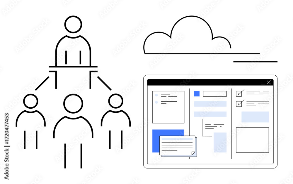 Poster simplified diagram with team hierarchy connected to digital workspace under a cloud. ideal for teamw