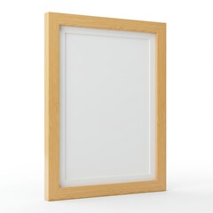 Fototapeta premium A light beige wooden picture frame with a white matted interior stands against a plain white background.