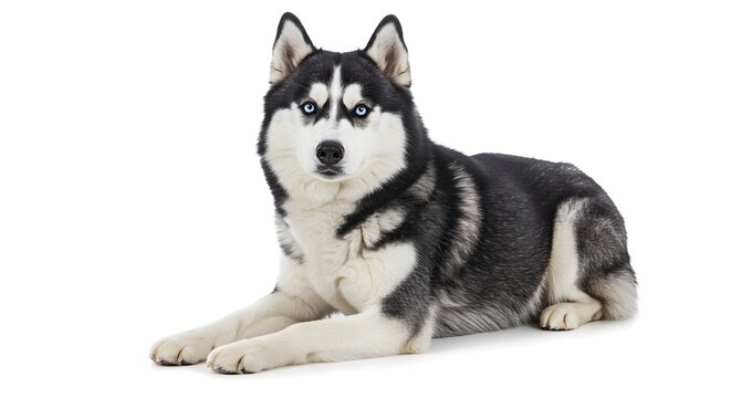Siberian Husky in lying position, calm and attentive expression, thick coat highlighted under studio light, plain white background, high quality professional photography