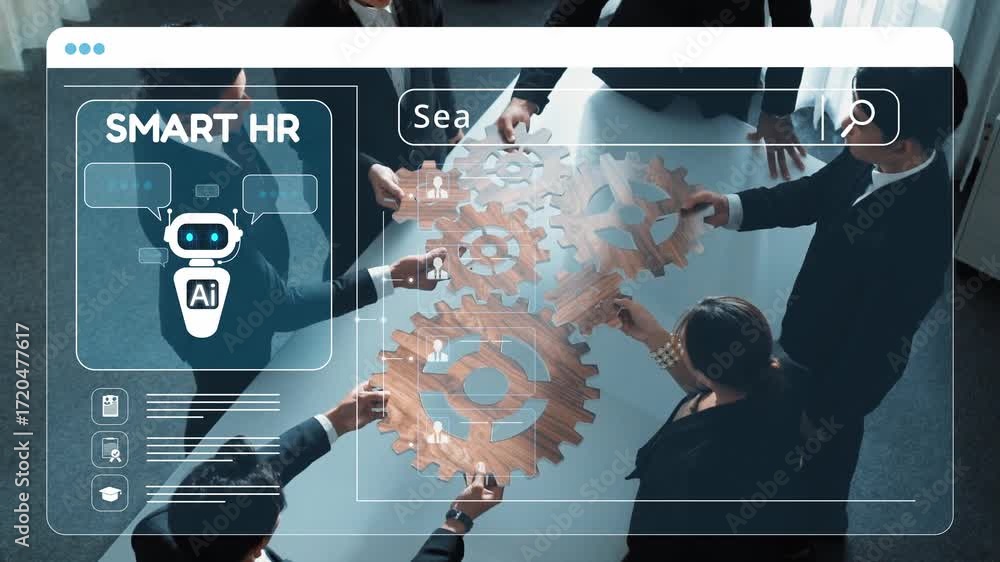 Poster aerial view of a collaborative meeting focused on smart hr solutions, showcasing ai tools and intera