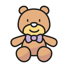 A cartoon teddy bear with a purple bowtie and a yellow muzzle