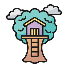 A cartoon treehouse with a ladder nestled in a tree with clouds above