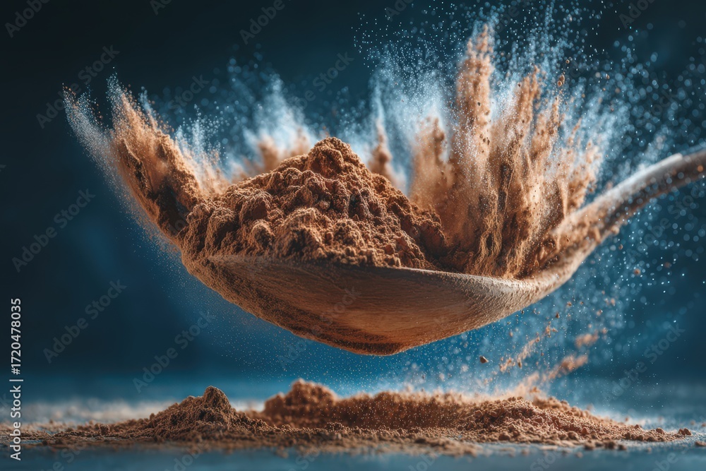 Aufkleber rich cocoa powder dynamically dispersing from a wooden spoon creating an enticing cloud of chocolate