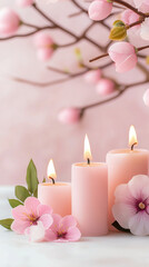 Soft pink candles cherry blossom flower green leaf and gentle light create peaceful romantic and relaxing atmosphere perfect for spa wellness or home decor inspiration