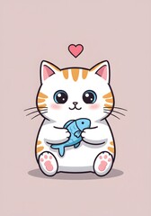 Fototapeta premium Cute Kawaii Cat Holding a Blue Fish with Heart Above