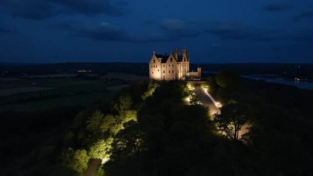 Aerial night view of Cly Castle
