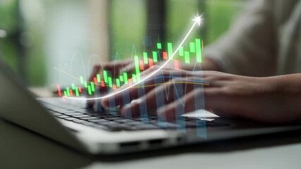 A financial analyst engages with a laptop, demonstrating stock market trends through vivid data visualizations, highlighting growth and analytics in a modern workspace. Copula - Powered by Adobe