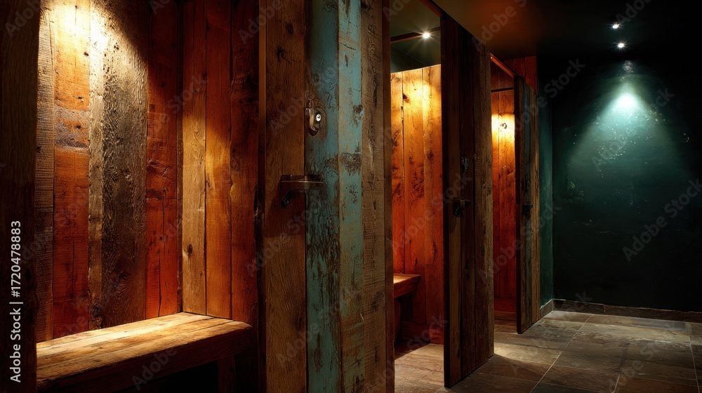 Poster focus on textured wooden panels around the changing area with a blurred background showcasing ambien