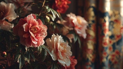 Artistic Floral Composition featuring Peonies and an Ornate Backdrop