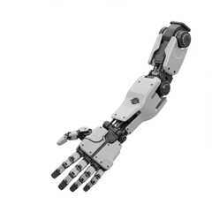 A detailed, gray and white robotic arm, extending outward with a mechanical hand, set against a plain white background.
