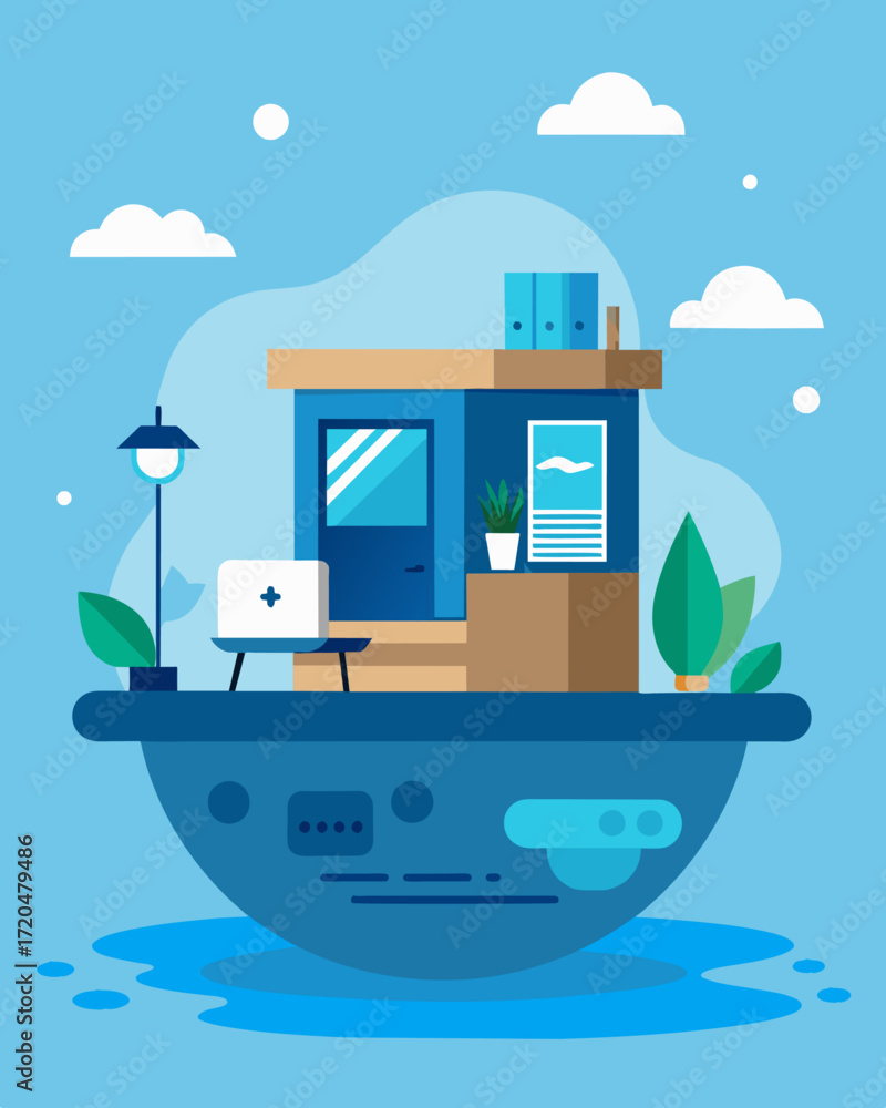 Poster a modern and minimalist floating home equipped with all the necessary technology for efficient remot