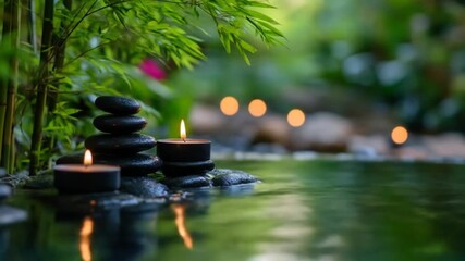 Serene garden scene with black stones, candles, and water. - Powered by Adobe