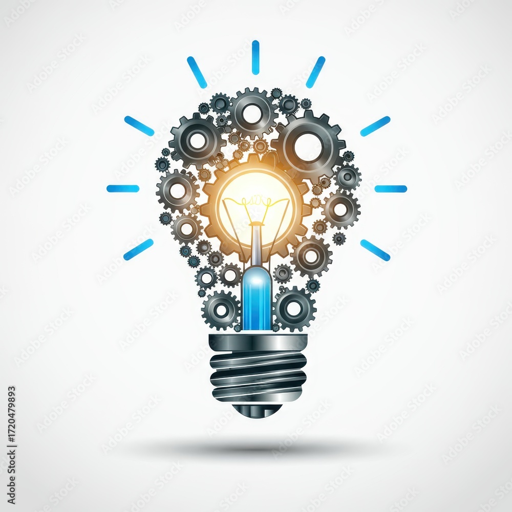 Poster innovative idea represented by a lightbulb composed of interconnected gears, highlighting the concep