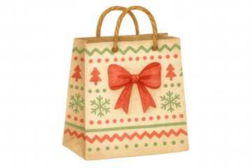 Holiday gift bag featuring a red bow, christmas trees, and snowflakes in a watercolor style for seasonal shopping. Transparent background