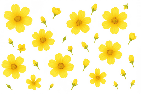 Yellow flowers and buds forming seamless floral pattern, vibrant springtime botanical design on transparent background