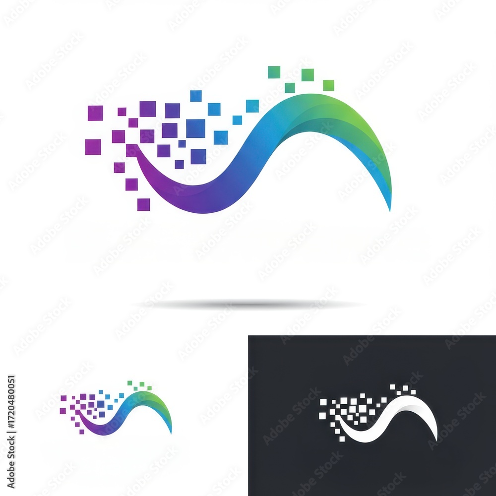Poster a colorful, abstract design featuring a smooth wave shape composed of scattered pixelated squares, s