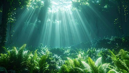 Sunbeams pierce the dense forest canopy, illuminating vibrant ferns and foliage below in a lush, green environment. The water ripples gently