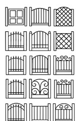 Twelve gate blueprint concepts arranged symmetrically in a grid, heavy black outlines, flat monochrome illustration, front elevation views, plain white background, schematic design aesthetic.