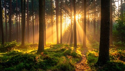 Sunbeams pierce through tall trees in a forest. A narrow path leads into the bright light. Green moss covers the forest floor