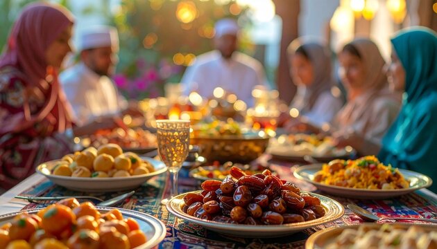 Ramadan iftar dinner spread dates, traditional foods, family gathered evening meal breaking fast