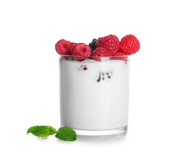 Glass of tasty yogurt with fresh raspberries and blackberries on white background