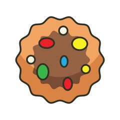 A chocolate chip cookie with colorful candycoated chocolate pieces