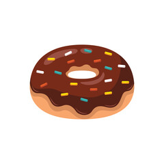 A chocolate donut with colorful sprinkles on a white background