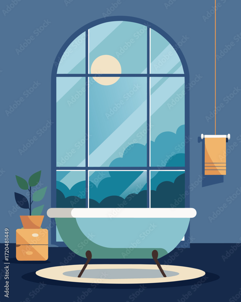 Poster a luxurious bathtub next to a large window making for a soothing and rejuvenating work break.. vecto