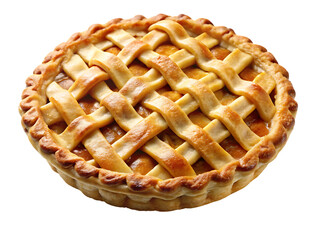 Golden brown lattice top pie with visible orange filling cutout png isolated on a transparent background