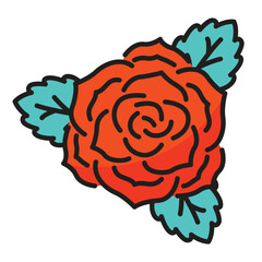 A cartoonstyle orange rose with teal leaves against a white background