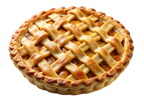 Golden brown lattice top pie with visible orange filling cutout png isolated on a transparent background