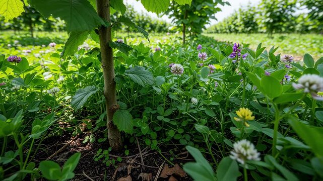 Close view of intercropping nut trees with legumes to promote biodiversity and natural soil fertility in organic agriculture.