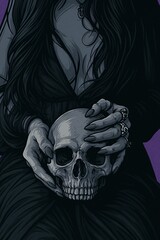 A gothic woman with long dark nails and ornate rings delicately cradles a human skull.

