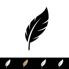 Simple, elegant black silhouette of a feather graphic, presented on a pure white background with color variations.