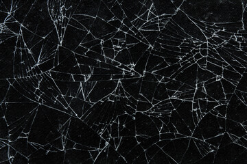 Broken glass texture with intricate crack patterns on a black background. The detailed shards and broken lines form a dramatic abstract motif, suitable for concepts of damage, destruction, and shards.