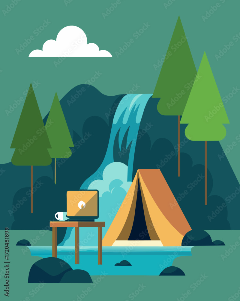 Poster a small tent tucked away in the trees near the waterfall is home to a laptop setup offering a unique