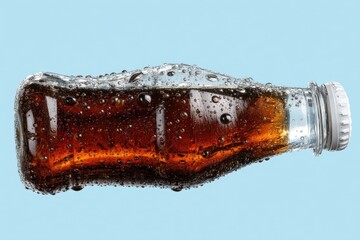 Refreshing bottle of sparkling cola effervescing with condensation against a cheerful blue backdrop showcasing the essence of summer enjoyment and thirst quenching satisfaction