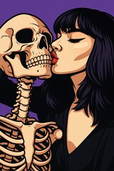 A beautiful woman with red lipstick tenderly kisses a human skeleton in this dark romance illustration.

