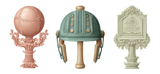 Vintage Decorative Elements Featuring Baseball, Helmet, and Ornate Frame Design