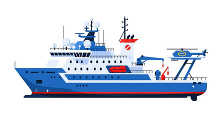 Research Vessel with Helicopter, Vector Illustration