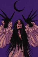 A gothic witch with monstrous claws and black tears reaches for a dark crescent moon.


