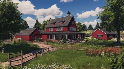 Serene Countryside Farmhouse: A picturesque red farmhouse nestled amidst lush greenery under a vibrant sky.