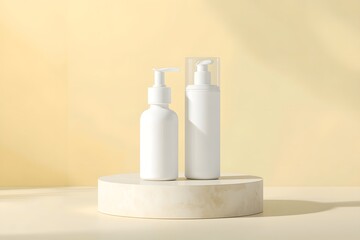 Pure hyaluronic acid serum and facial cleanser standing on abstract pedestal on pastel yellow background