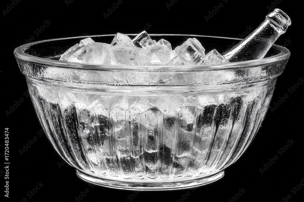 Poster refreshingly chilled glass bowl with clear ice cubes and a bottle creating a seamless blend of elega